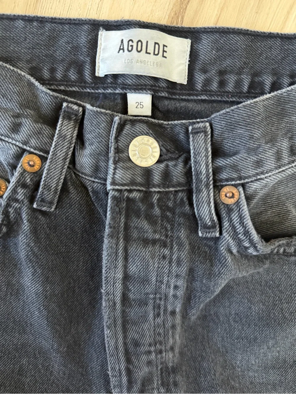 AGOLDE LA High Rise Distressed Button Fly Straight Leg Jeans Gray Size 25